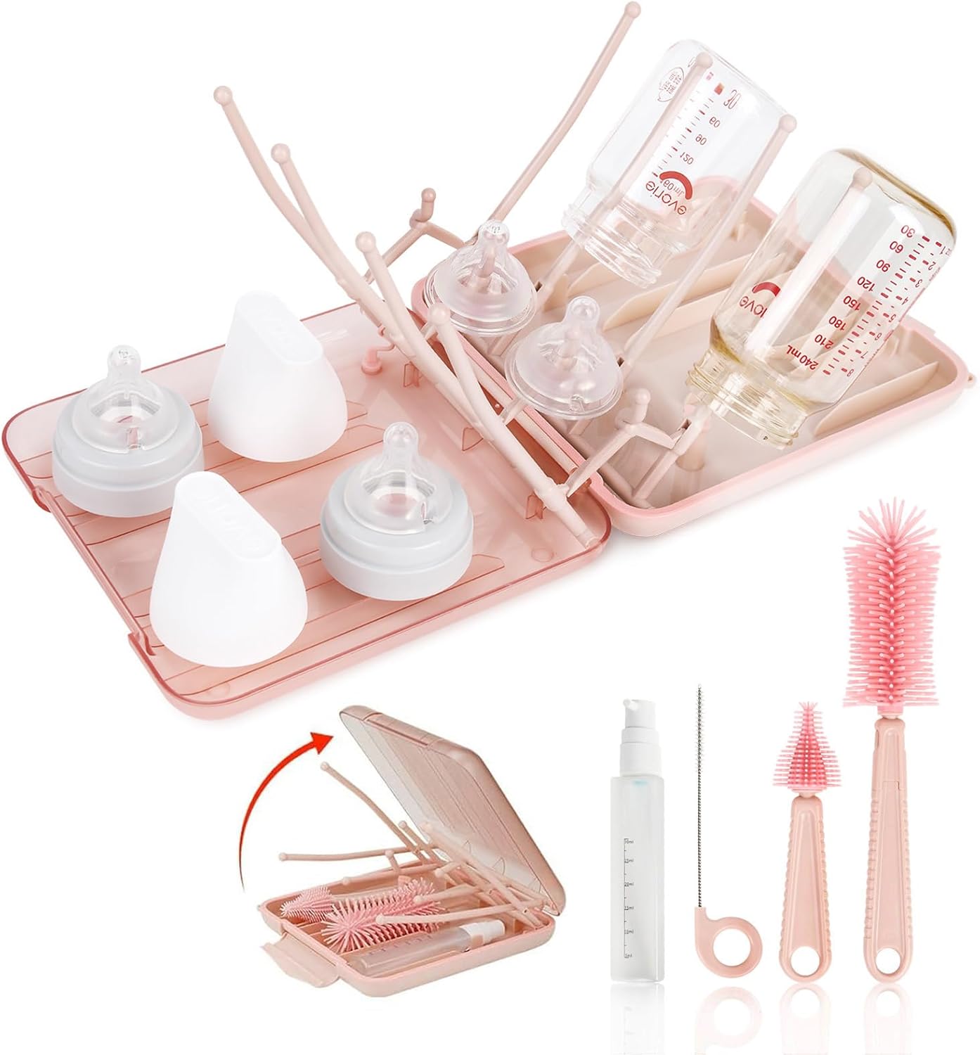 Baby Bottle Brush Set, 6-in-1 Travel Bottle Cleaner Kit with Silicone Bottle Brush, Nipple & Straw Brush, Soap Dispenser, Drying Rack, Storage Box – Compact Baby Travel Essential for Home & On-The-Go