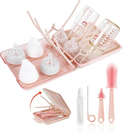 Baby Bottle Brush Set, 6-in-1 Travel Bottle Cleaner Kit with Silicone Bottle Brush, Nipple & Straw Brush, Soap Dispenser, Drying Rack, Storage Box – Compact Baby Travel Essential for Home & On-The-Go