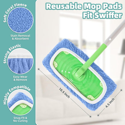 Reusable Mop Pads Compatible with Swiffer Sweeper Mop, Microfiber Dry Sweeping Cloths & Machine Washable Wet Pads Refill for Use on All Sealed Floors - Stone, Hardwood, Laminate & Tile (6 Blue)
