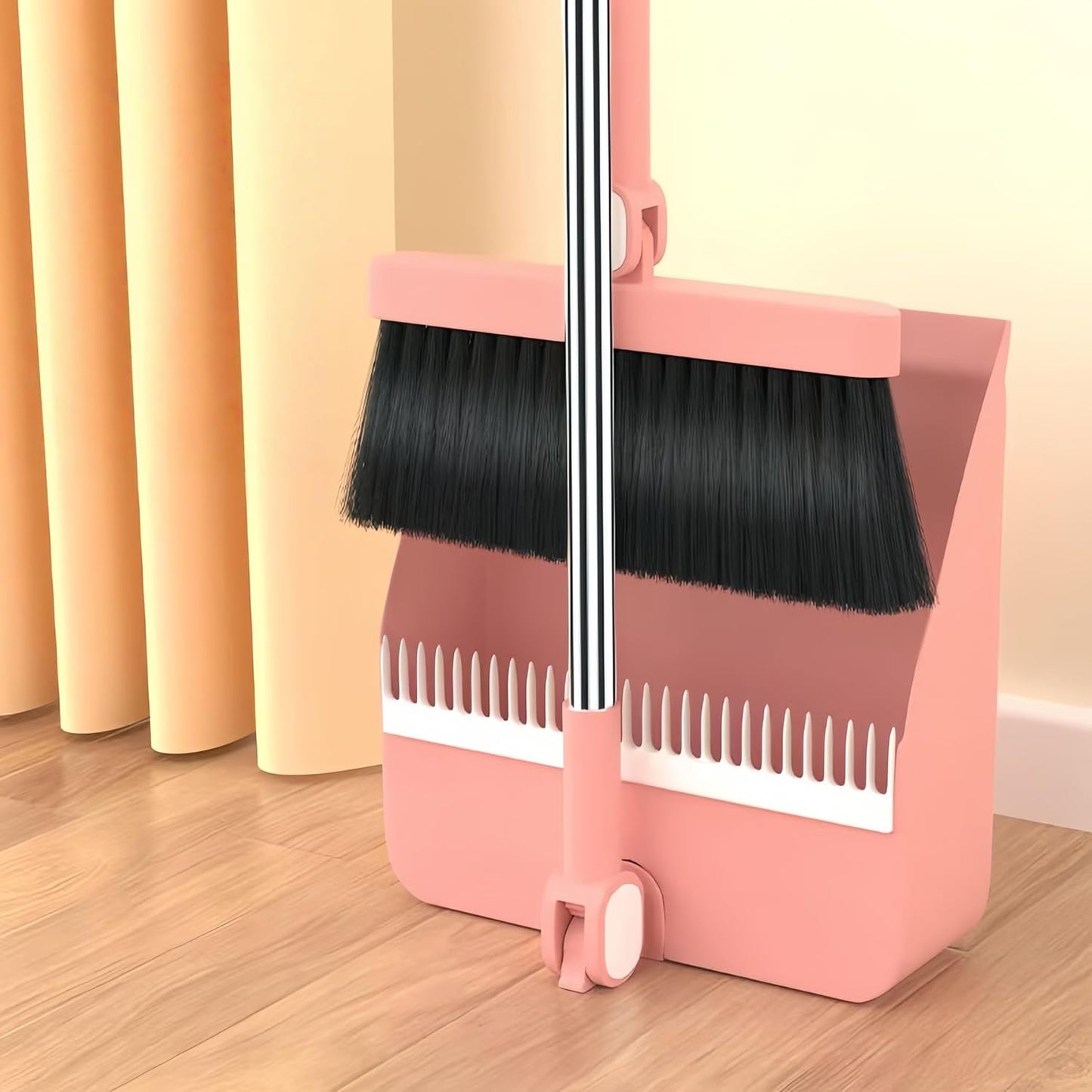 2-in-1 Broom with Dustpan Combo Set,Long Handle Broom Dustpan Combo with Dustpan Teeth to Automatically Clean Hair for Home, Indoor or Outdoor Cleaning Hall Floor (Gray)