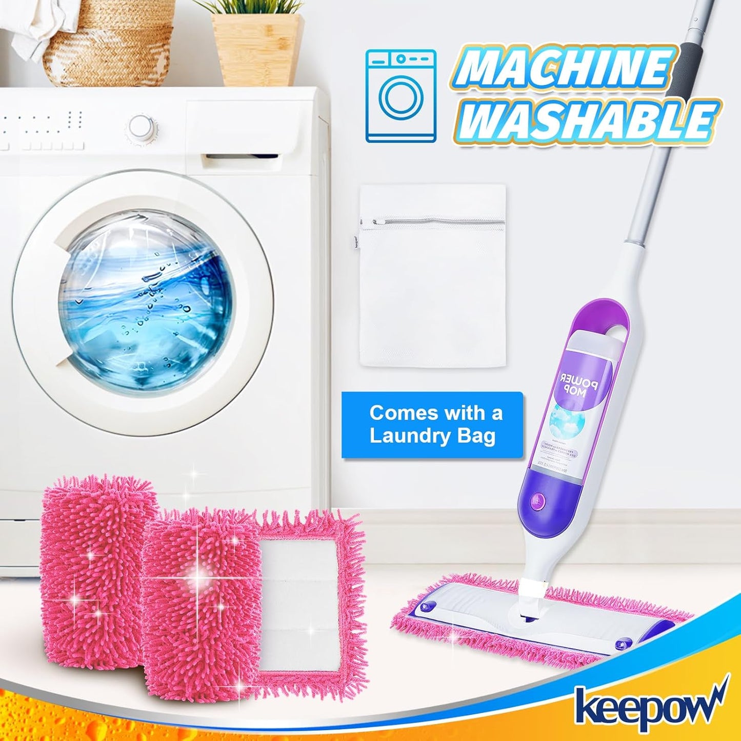 KEEPOW Reusable Microfiber Mop Pads Compatible with Swiffer PowerMop 4 Pack, Power Mop Pads Refills for 13 ''-15 '' Spray Mop, Machine Washable Pad Replacement for Multi-Surface Floor Cleaning