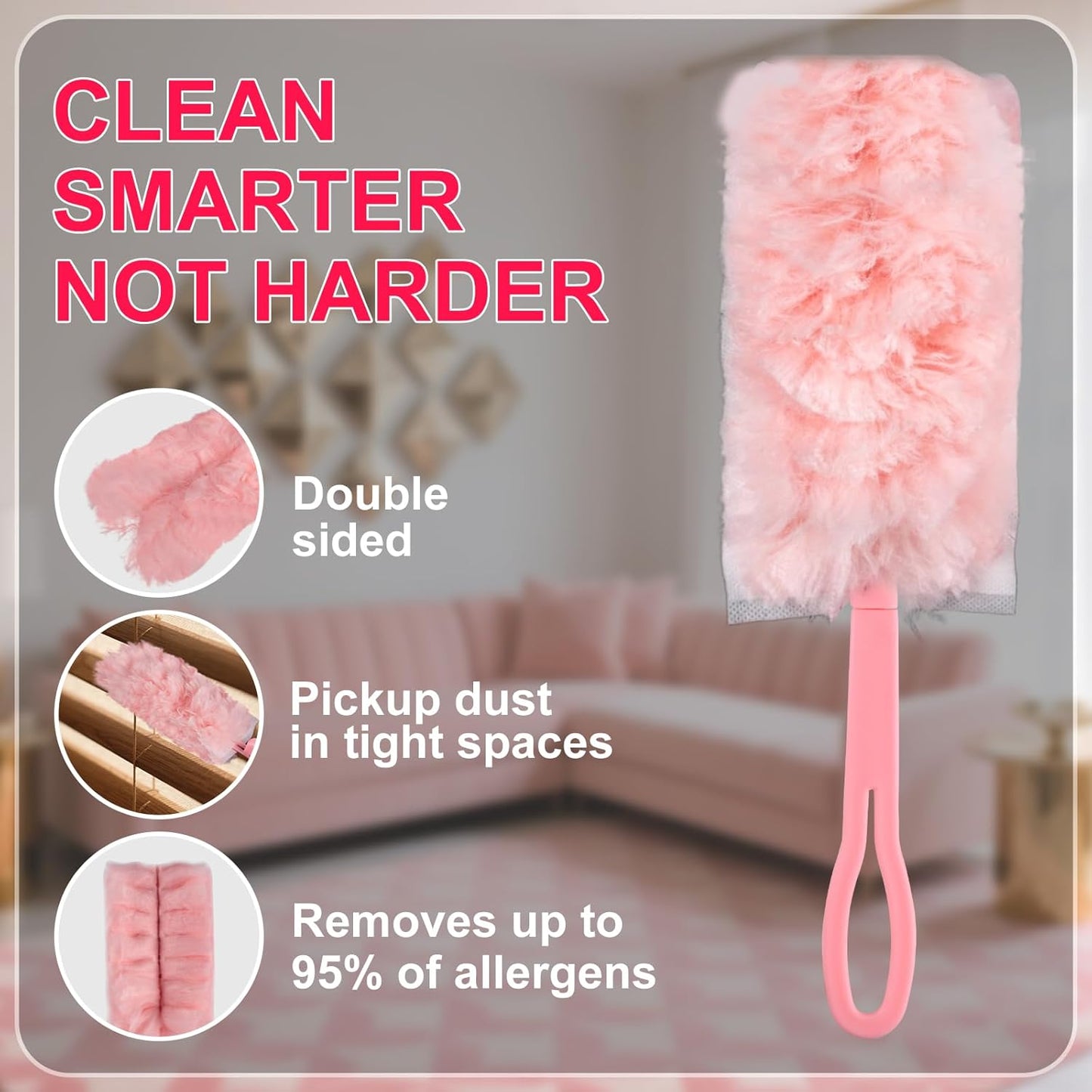 ITTAR 30 Count Duster Refill kit, Dust Cleaning Supplies with Extension Pole, Fan Feather Dusters with 2 Types Handle for Cleaning Home, Celling Fan, Blinds, Furniture, Vent & Shelves-Pink