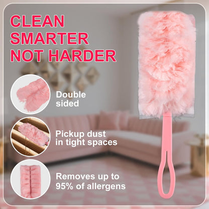 ITTAR 30 Count Duster Refill kit, Dust Cleaning Supplies with Extension Pole, Fan Feather Dusters with 2 Types Handle for Cleaning Home, Celling Fan, Blinds, Furniture, Vent & Shelves-Pink