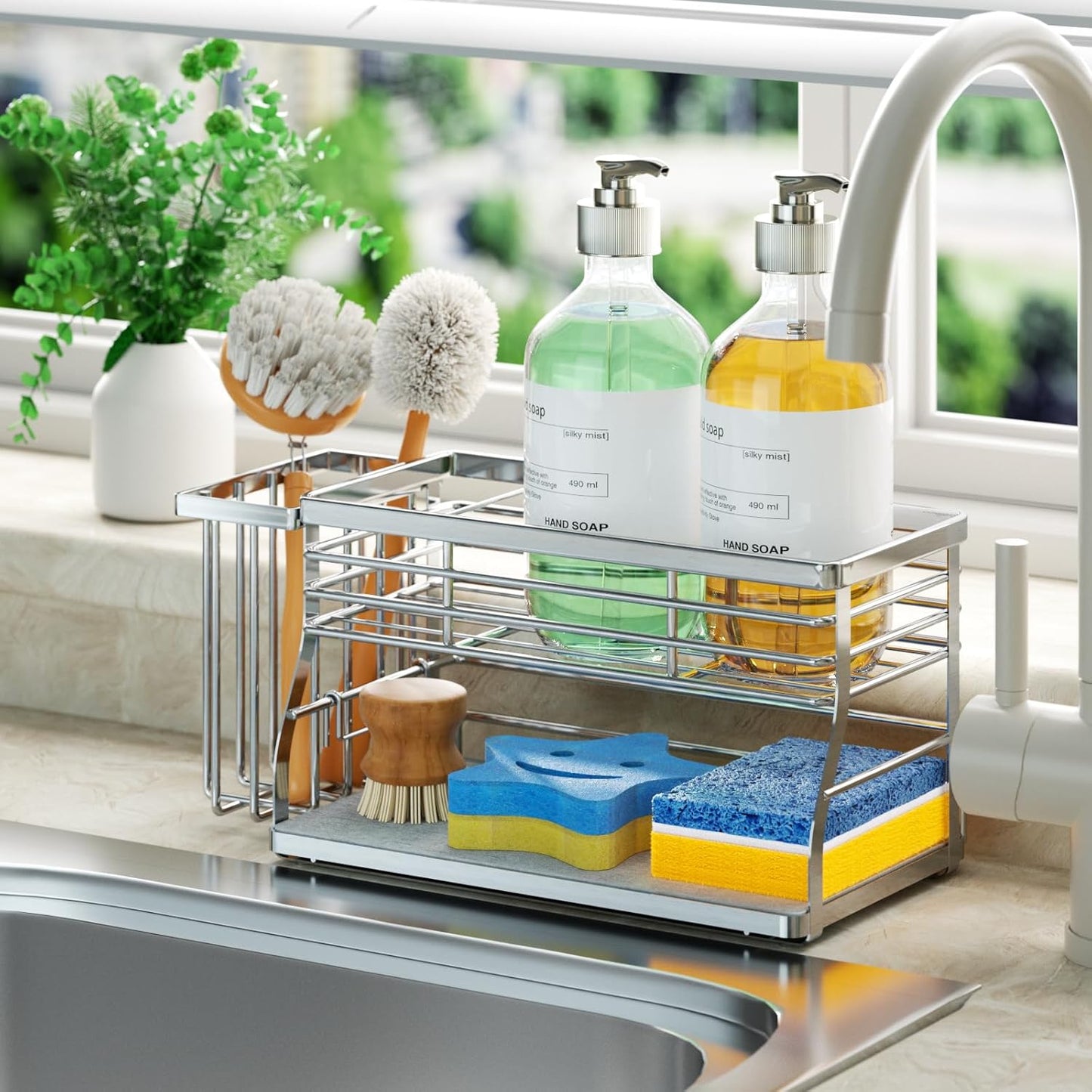 SWTYMIKI Sponge Holder for Kitchen Sink - 2 Tier Rustproof Sink Caddy with Instant Drying Stone, Removable Dish Brush Holder, Stainless Steel Kitchen Caddy for Coutertop Storage Accessories