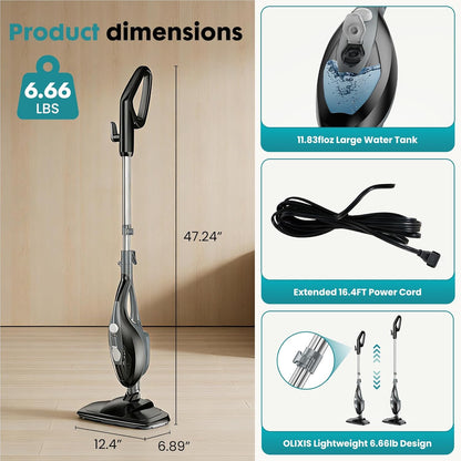 OLIXIS 10-in-1 Steam Mop, 1550W Detachable Handheld Steam Cleaner for Floor Cleaning, 16FT Cord, 2 Washable Pads, Multi-Purpose Floor Steamer for Hardwood, Carpet, Tile, Grout, Windows, White Green