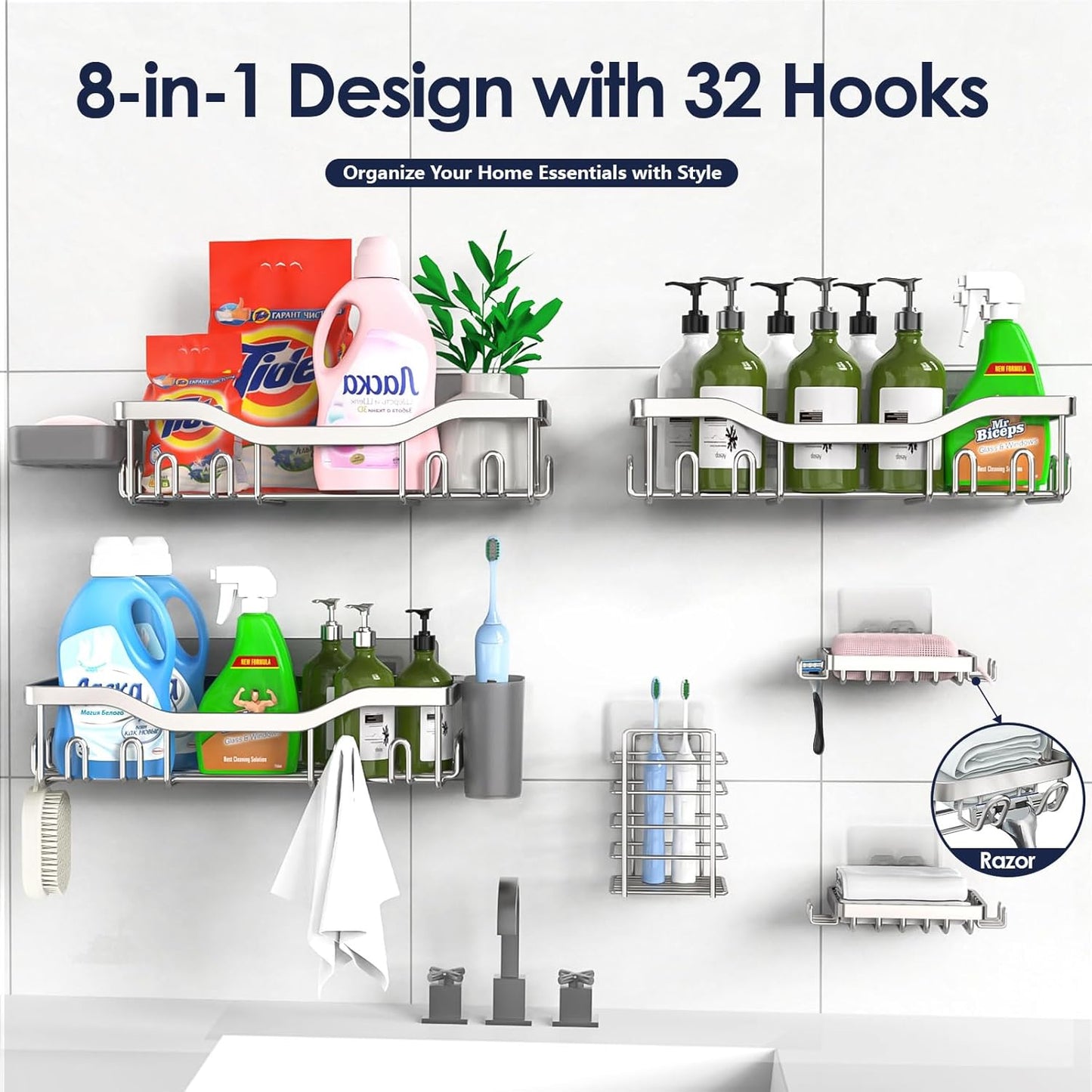 NESOMI Shower Caddy Adhesive Shower Organizer 7-Pack, Rustproof Stainless Steel Bathroom Shelves, Large Capacity No-Drill Rack Storage Accessories with Soap Dish Toothbrush Holder &24 Hooks Home Decor