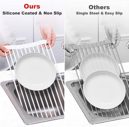 MERRYBOX Triangle Roll Up Dish Drying Rack Over The Sink, 2025 Anti-Rust Sink Drying Rack with Full Silicone Wrapped for Top of Corner, Anti-Slip Organizer for Kitchen