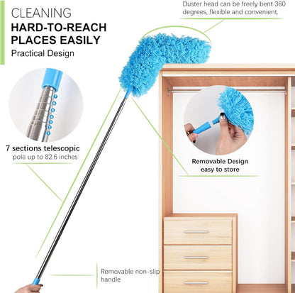 Rainbow Extendable Static Duster Reusable Microfiber Duster with 100" Telescoping Pole, Beandable and Washable Dusters Head for Cleaning Ceiling, Fan, Furniture