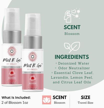 Mist N’ Go by Omaze Travel Bathroom Spray for Toilet Spray Odor Eliminator - Travel Toilet Spray for Bathroom Air Freshener Spray for Bathroom Deodorizer - Clean Mix, Travel Size (1oz x2)