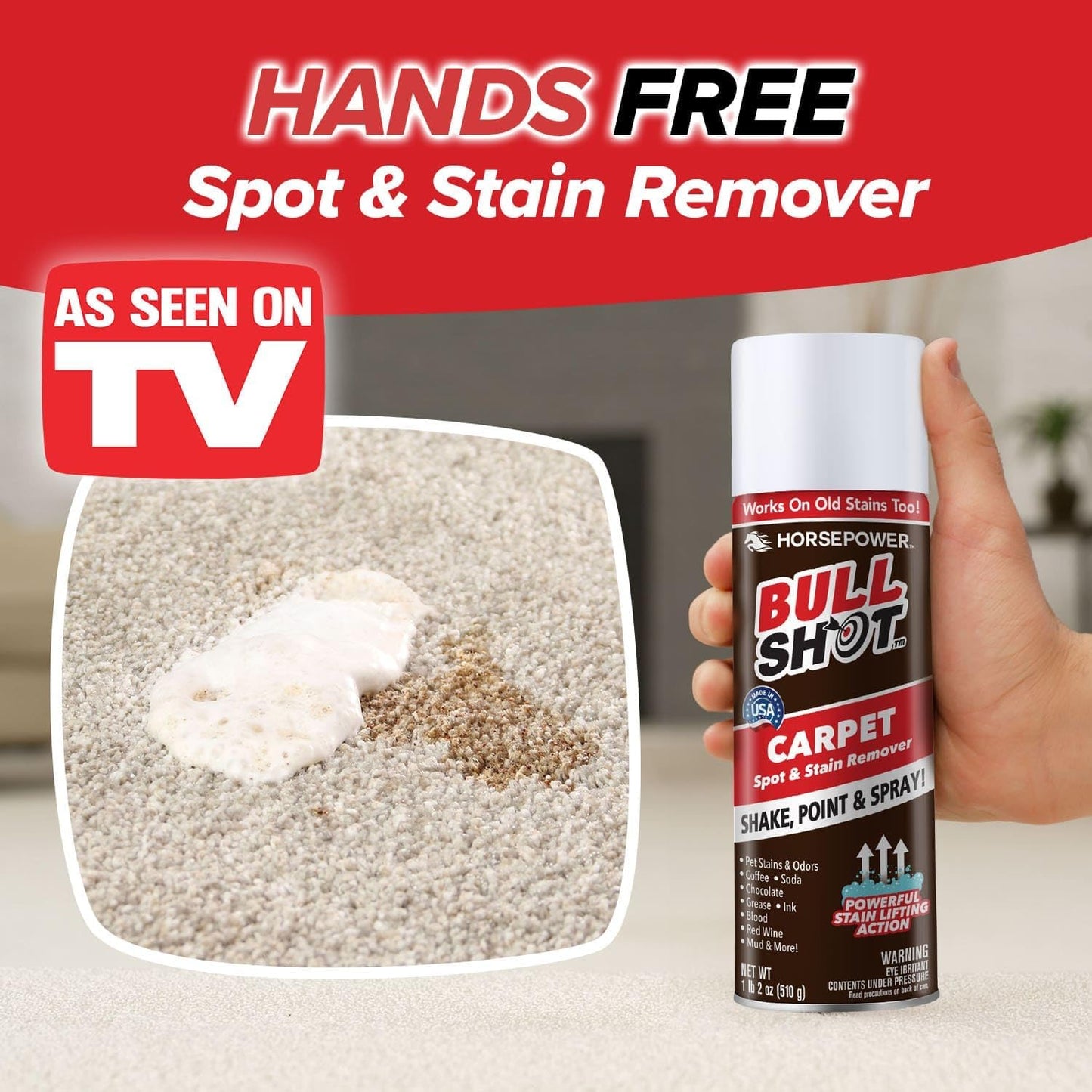 Bull Shot MAX Strength Carpet Spot & Stain Remover, AS-SEEN-ON-TV, Made In US, Just Point & Spray, Stain-Lifting Foam Action, Coffee, Wine, New & Old Stains & More