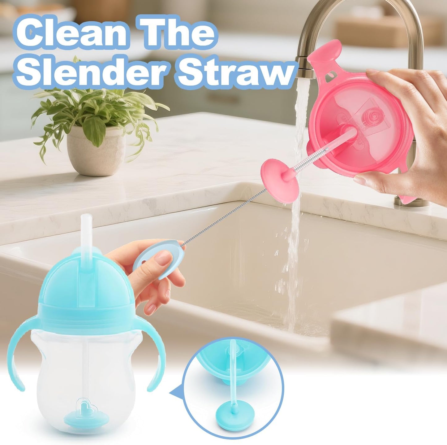 YOTIME 4in1 Straw Cleaner Brush Set, Reusable Standing Straw Brushs with Holder Ring, for Wide and Narrow Straws, Tumblers, Water Bottles and Cups, Pink