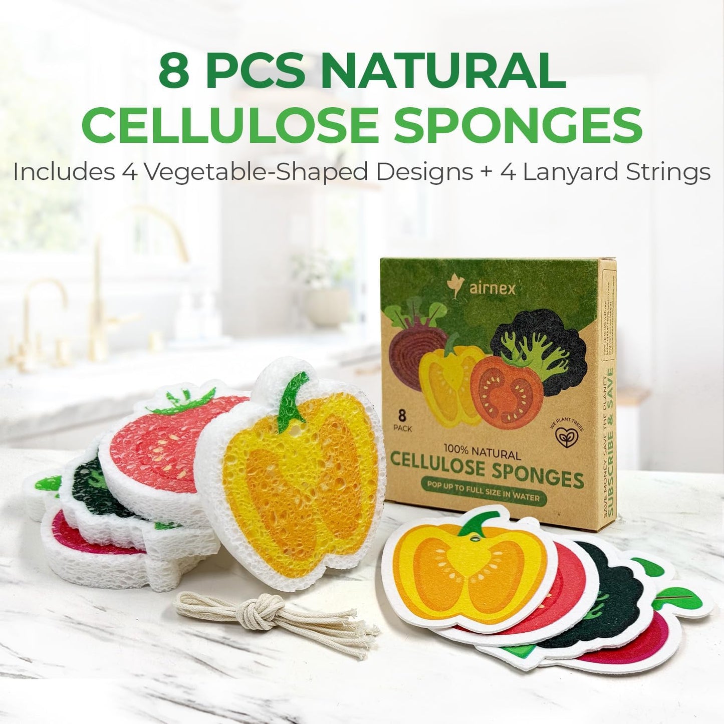 AIRNEX Compressed Cellulose Sponges - 12 Pack Fruit Shaped Natural Pop Up Dish Sponge for Kitchen - Compostable, Plant-Based, Non Scratch Cleaning Sponges Bulk for Dishes & Household Cleaning