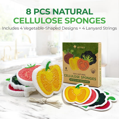 AIRNEX Compressed Cellulose Sponges - 12 Pack Fruit Shaped Natural Pop Up Dish Sponge for Kitchen - Compostable, Plant-Based, Non Scratch Cleaning Sponges Bulk for Dishes & Household Cleaning