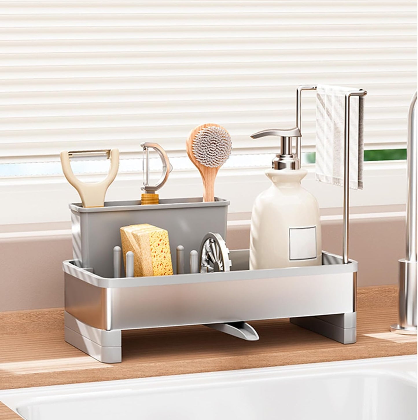 Sponge Holder for Kitchen Sink,Sink Caddy Organizer with Removable Brush Holder,Kitchen Countertop Soap Dispenser Storage with Detachable Towel Rack,Black