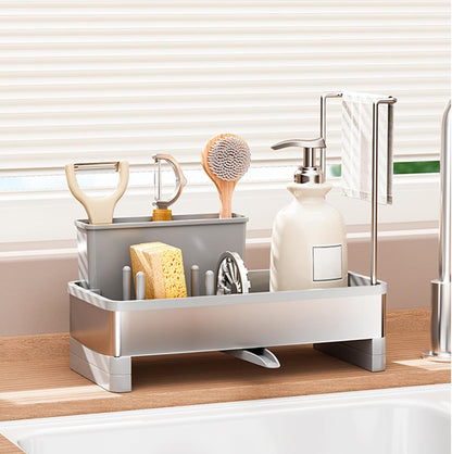 Sponge Holder for Kitchen Sink,Sink Caddy Organizer with Removable Brush Holder,Kitchen Countertop Soap Dispenser Storage with Detachable Towel Rack,Black