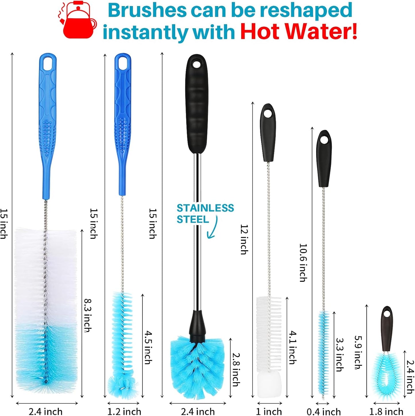 6 Pack Bottle Brush Cleaner Set, Long Handle Stainless Steel Water Bottle Cleaner Brush for Washing Sport Bottles, Narrow Neck Bottle, Baby Bottles, Dish, Flask, Straw, Cup Cover