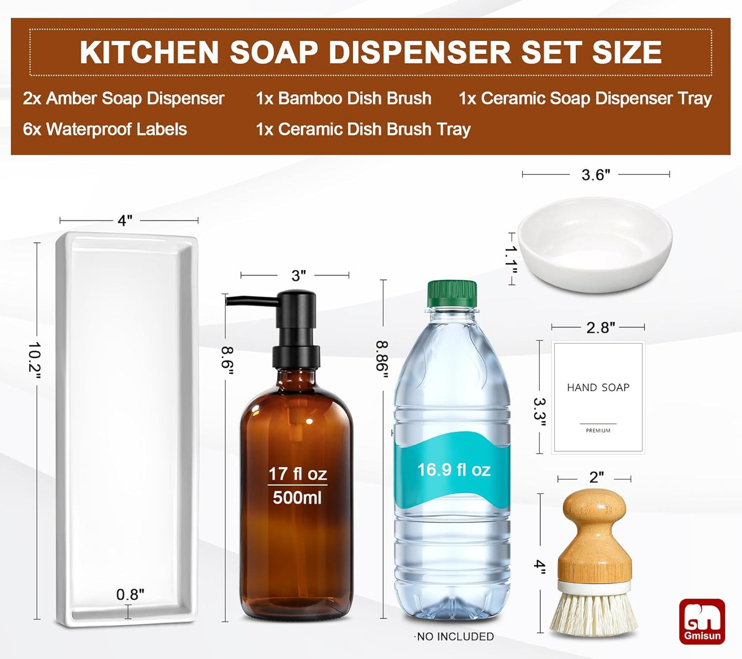 GMISUN Kitchen Soap Dispenser Set, 16 Oz Hand and Dish Soap Dispenser with Ceramic Tray & Bamboo Dish Brush, 2 Pack White Glass Liquid Pump Bottle, Modern Farmhouse Refillable Dish Soap Bottle