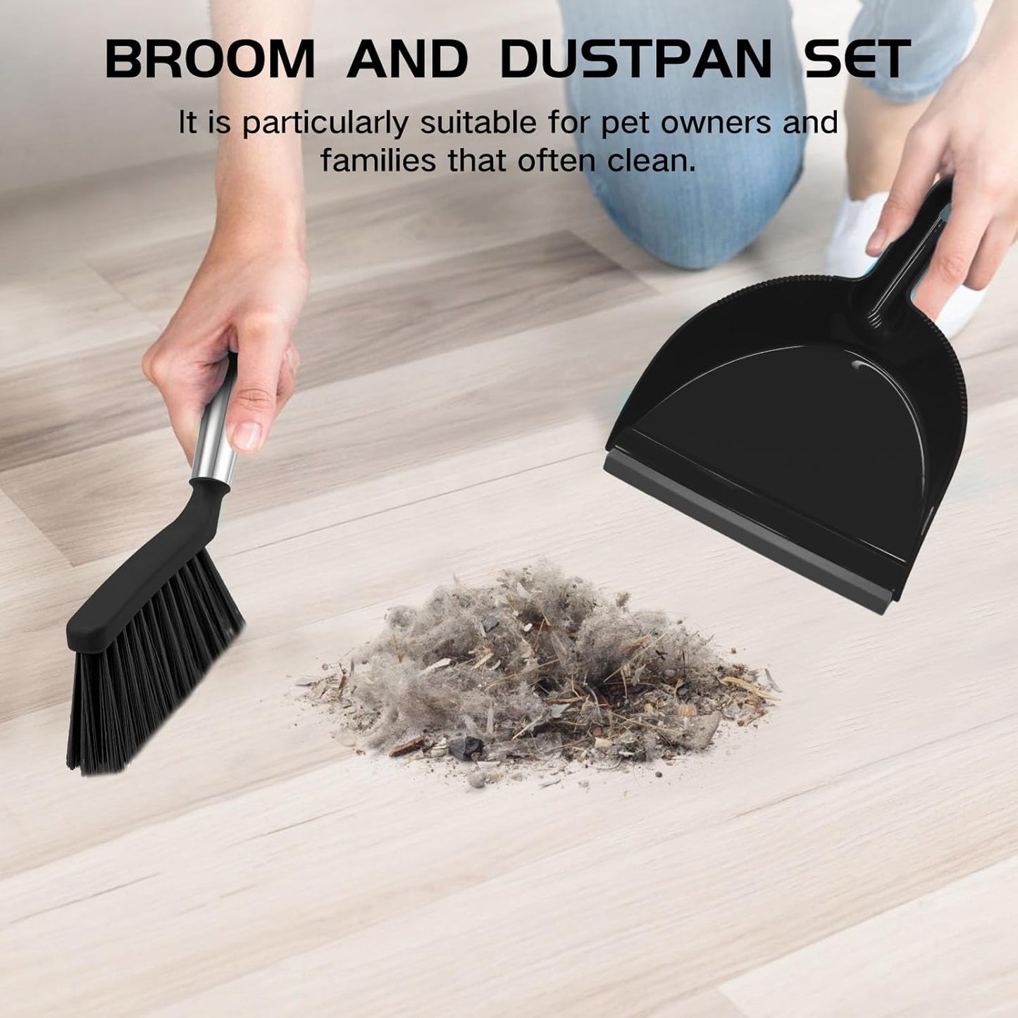 NACENA Mini Broom and Dustpan Set, Small Dust Pan and Brush Set with Handle Dustpan Teeth for Cleaning Hair Suitable for Office Desks Drawers Sofas Outdoor Camping, Light & Purple