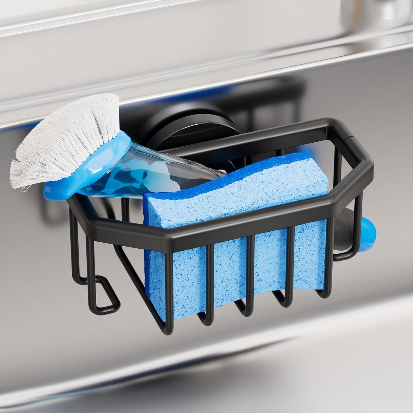 TAILI 4-in-1 Sink Caddy with Strong Suction Cup, Sponge Holder for Kitchen Sink Organizer, Removable, Rustproof, Stainless Steel Holder for Sponge, Brush, Scrubber, Scraper - Silver