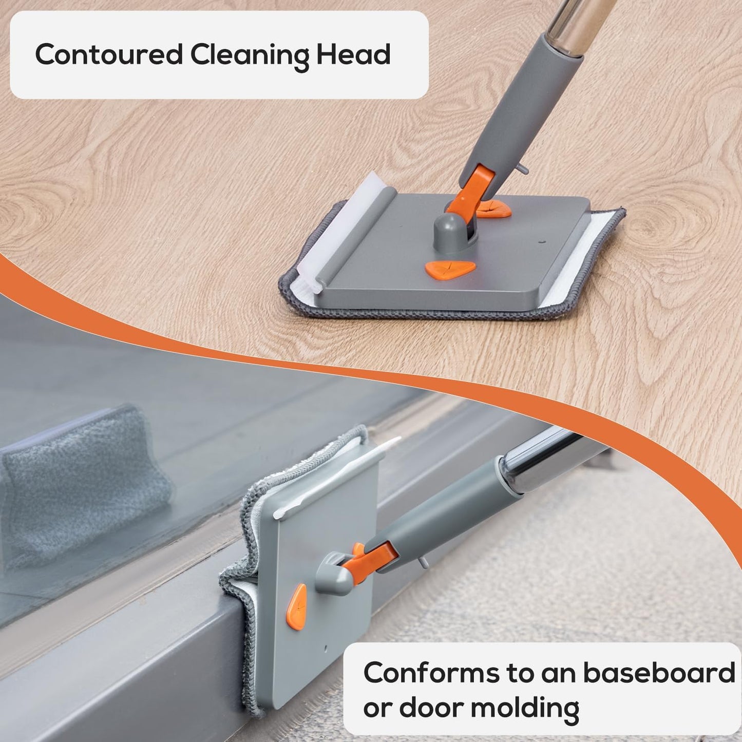 Base Board Cleaner Tool with Handle, 360 Rotating Wall Cleaner Mop, 180 Folding Ceiling Tool Duster with Squeegee for Cleaning Wall, Ceiling, Window, Floor, 8 Replacement Cleaning Pads