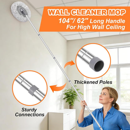 Wall Mop for Painted Walls, Wall Cleaner Mop with 104''/ 62" Long Handle, Dry Mop for Wall Floor Ceiling Cleaning, 2 Reusable Pads (Grey)