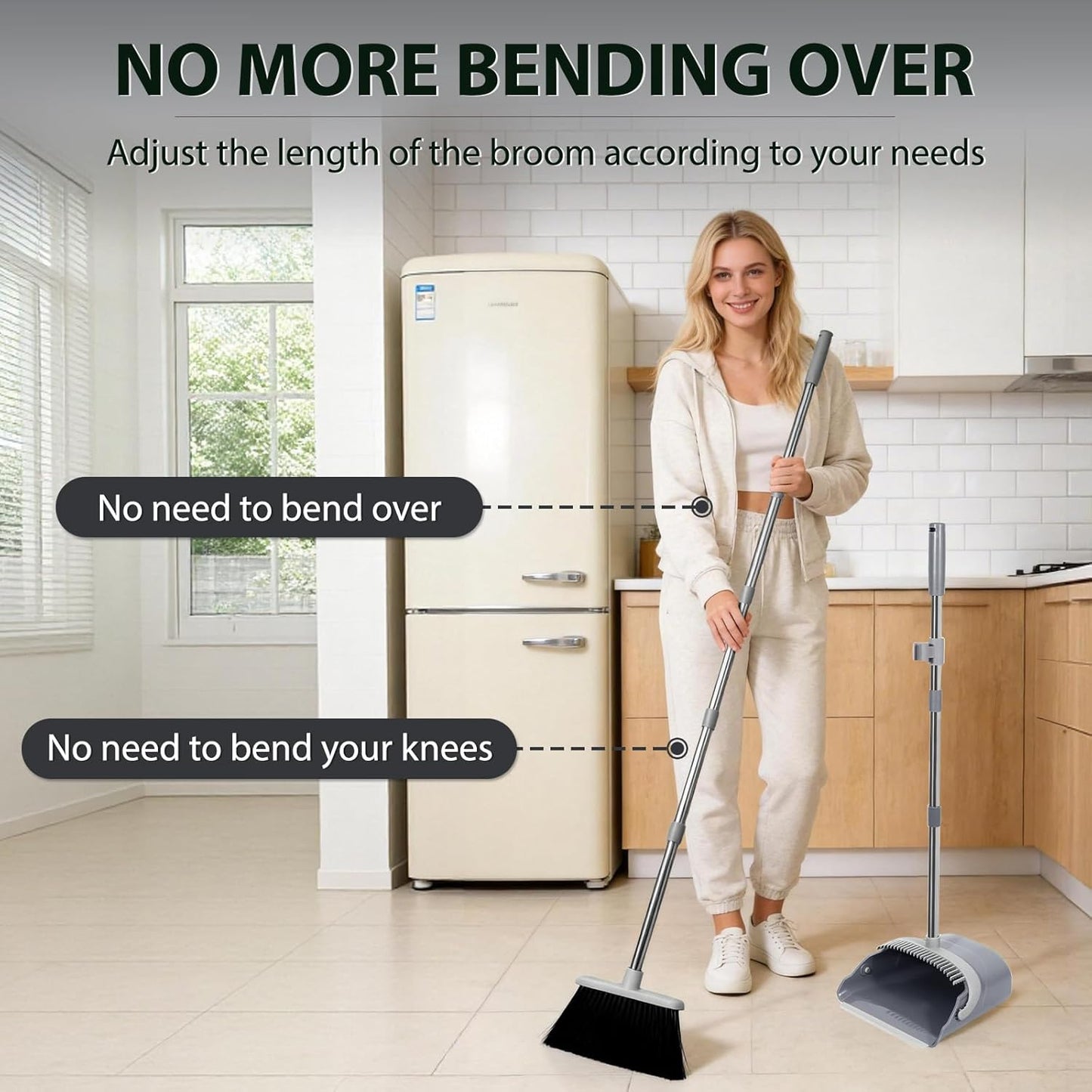 YZO Broom and Dustpan Set, 54.33 Inch Long Handle Standing Design, Dustpan Front Rubber Tight Seal, Broom with 5 Layer Bristles, Suitable for Living Room, Bedroom, Yard, Office and Apartment(Green)