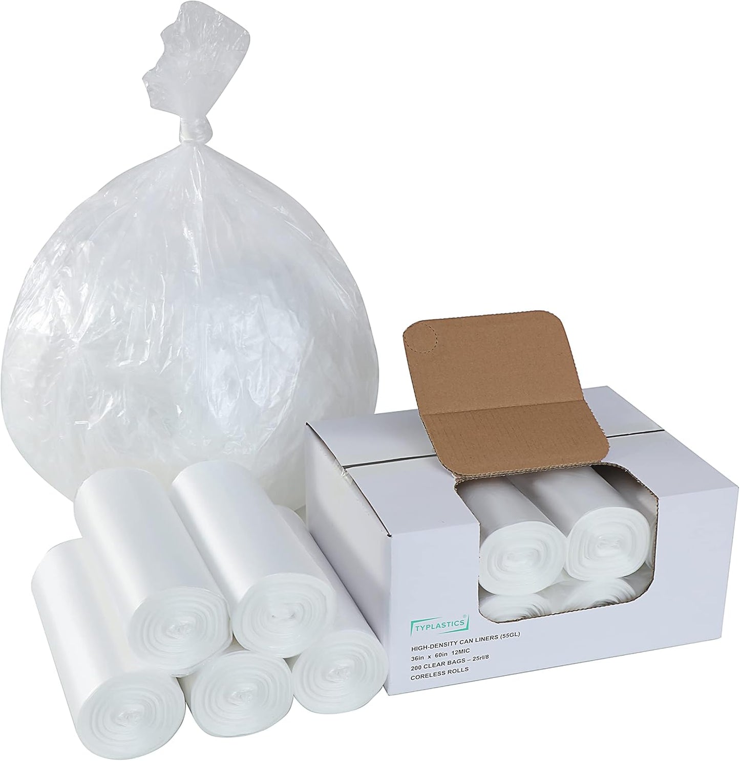 TYPLASTICS 40-45 Gallon Clear Trash Can Liners - 40" x 48" – High Density Garbage Bags - Case of 250 – Multipurpose for Office, Outdoor, Recycling, Industrial and Commercial