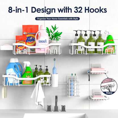 NESOMI Shower Caddy Adhesive Shower Organizer 7-Pack, Rustproof Stainless Steel Bathroom Shelves, Large Capacity No-Drill Rack Storage Accessories with Soap Dish Toothbrush Holder &24 Hooks Home Decor