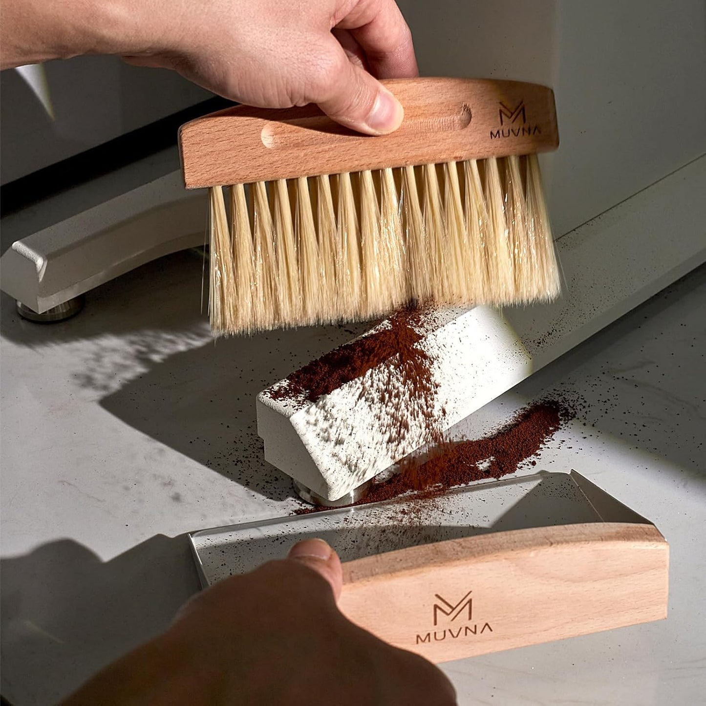 Coffee Brush and Dust Pan Set - Mini Hand Barista Broom, Magnetic Natural Horsehair Espresso Brush, Wood Barista Tools for Cleaning Tamping Station, Coffee Bar, Kitchen, Black