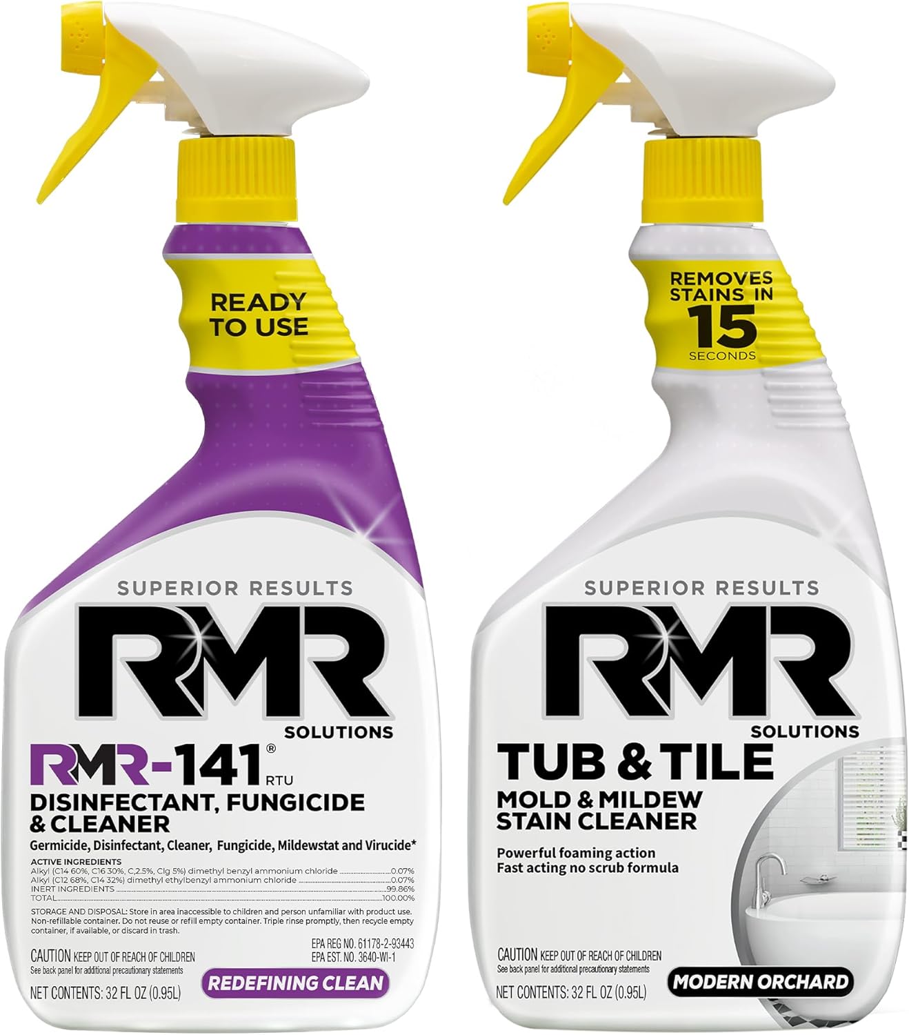 RMR Bathroom Brilliance Bundle – Tub & Tile Stain Spray + RMR-141 EPA Registered Mold & Mildew Remover, 2-Step Bathroom Cleaning & Disinfecting System for Showers, Sinks, Tile, Grout, 2–32 Oz Bottles