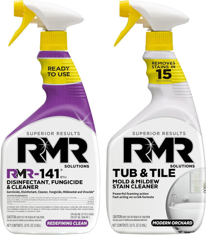 RMR Bathroom Brilliance Bundle – Tub & Tile Stain Spray + RMR-141 EPA Registered Mold & Mildew Remover, 2-Step Bathroom Cleaning & Disinfecting System for Showers, Sinks, Tile, Grout, 2–32 Oz Bottles