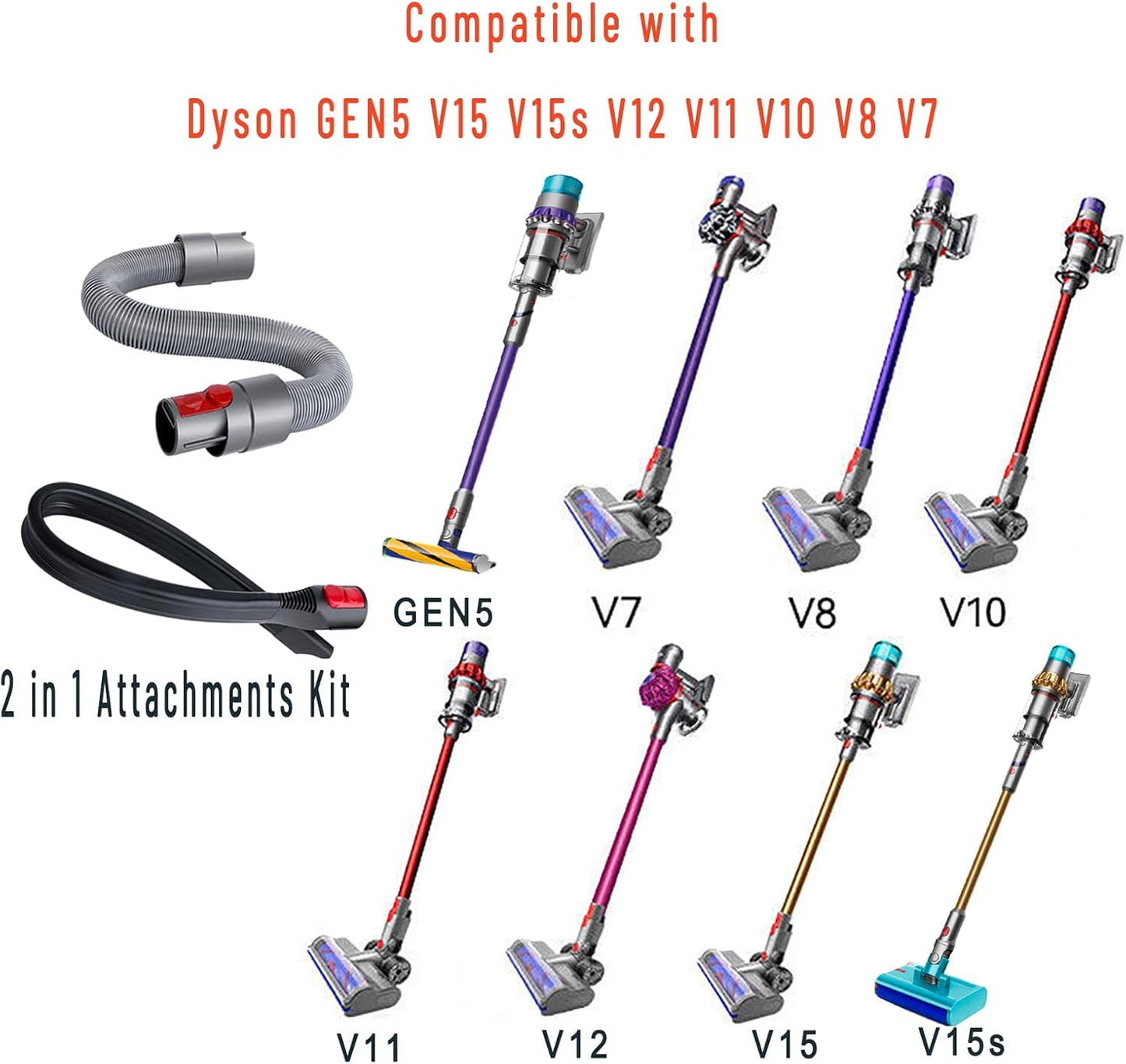 Scratch-free Dusting Brush & 63”Flexible Extension Hose Attachments for Dyson GEN5 V15 V12 V11 V10 V8 V7 Cordless Vacuum Cleaner, Ideal for Car Detailing, Keyboard/Blinds Cleaning,Delicate Surfaces
