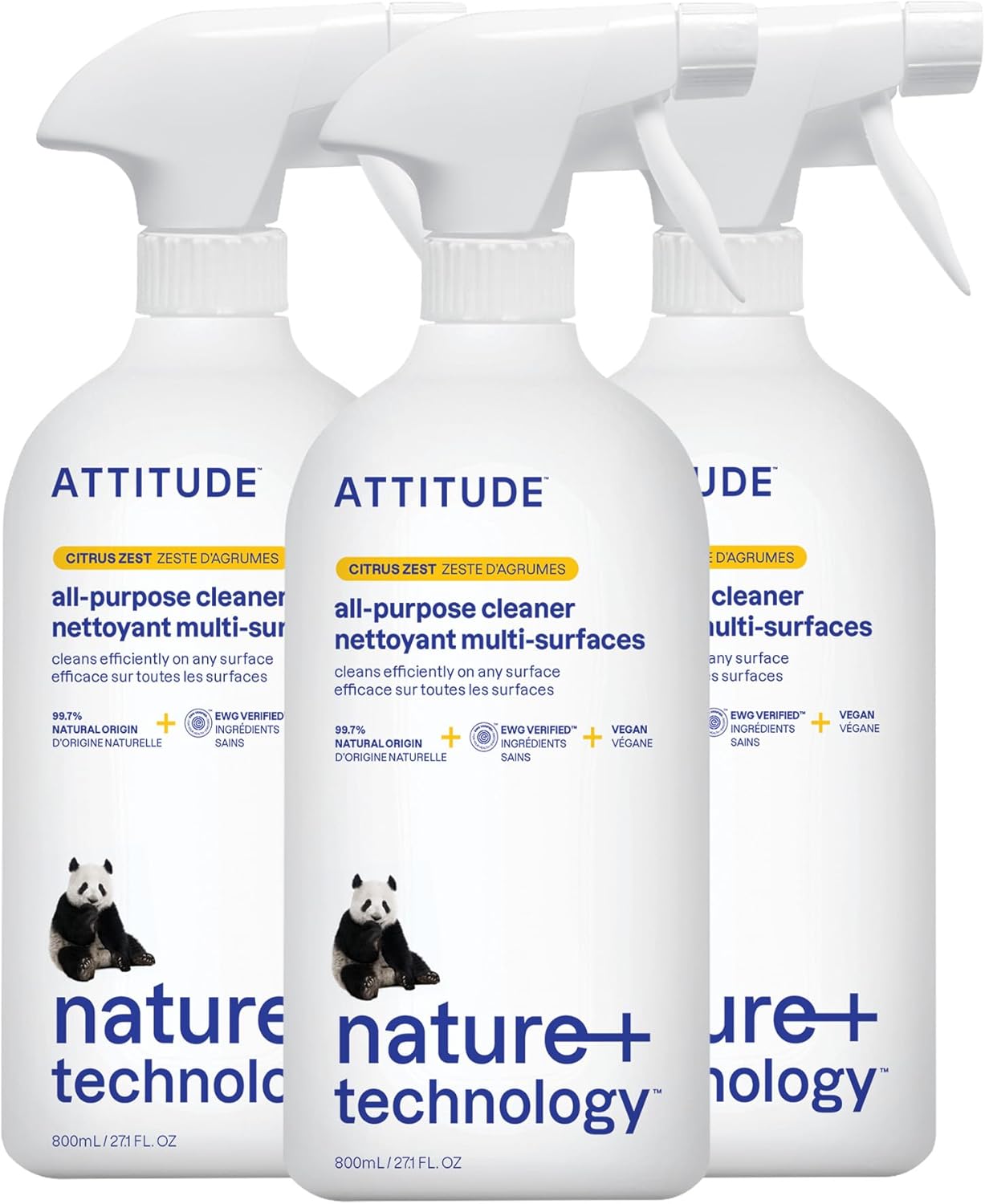 ATTITUDE All Purpose Cleaner Spray, EWG Verified, Vegan, Made with 94% Plant-Based Ingredients, Streak-Free for Kitchen, Bathroom, Glass & More, Pink Grapefruit Scent, 27.1 Fl Oz