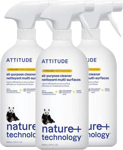 ATTITUDE All Purpose Cleaner Spray, EWG Verified, Vegan, Made with 94% Plant-Based Ingredients, Streak-Free for Kitchen, Bathroom, Glass & More, Pink Grapefruit Scent, 27.1 Fl Oz