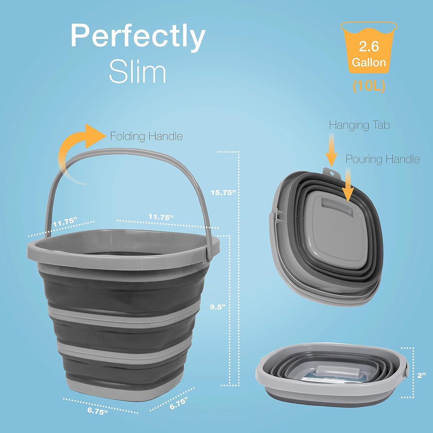 Brookstone Collapsible Bucket, Foldable Cleaning Bucket with Handle, Household Essentials Cleaning Basin and Dust Mop Bucket, Collapsible Wash Basin for Car Cleaning, [2.6 Gal. 10L] Square, Grey