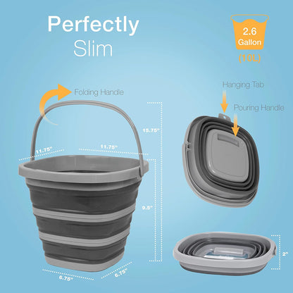 Brookstone Collapsible Bucket, Foldable Cleaning Bucket with Handle, Household Essentials Cleaning Basin and Dust Mop Bucket, Collapsible Wash Basin for Car Cleaning, [2.6 Gal. 10L] Square, Grey