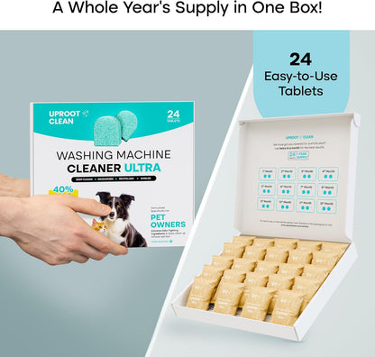 Uproot Clean Washing Machine Cleaner Tablets - 24 Pack for a 12 Month Supply. Formulated for Pet Owners. Compatible with HE, Top & Front Load. Easily Removes Residue, Grime, and Odors. Septic Safe.
