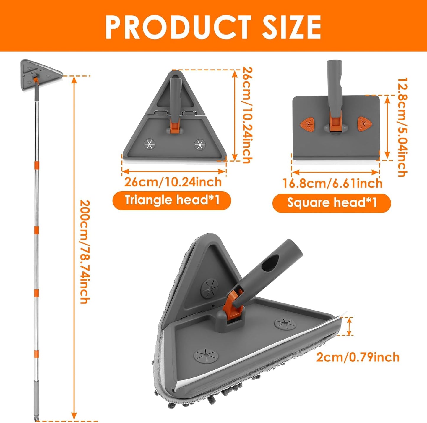 Baseboard Cleaner Tool with Handle,Folding Wall Mop with 79" Extension Pole, Swivel Wall Cleaner Mop with Squeegee, 8 Reusable Pads for Baseboard, Wall, Ceiling, Window, Floor, Furniture