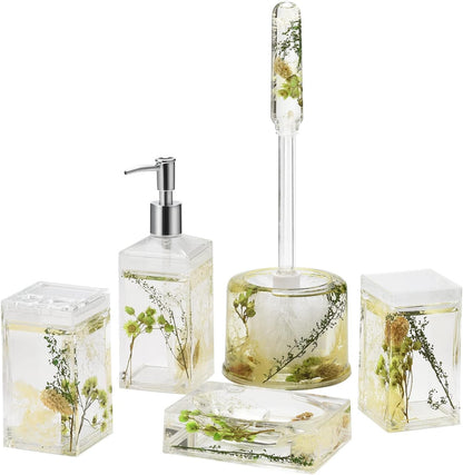 Locco Decor 5 Piece Acrylic Liquid 4D Floating Motion Bathroom Vanity Accessory Set Garden Botanic Green Plants Toothbrush Holder, Tumbler, Soap Dispenser, Soap Dish, Toiletbrush Holder Set