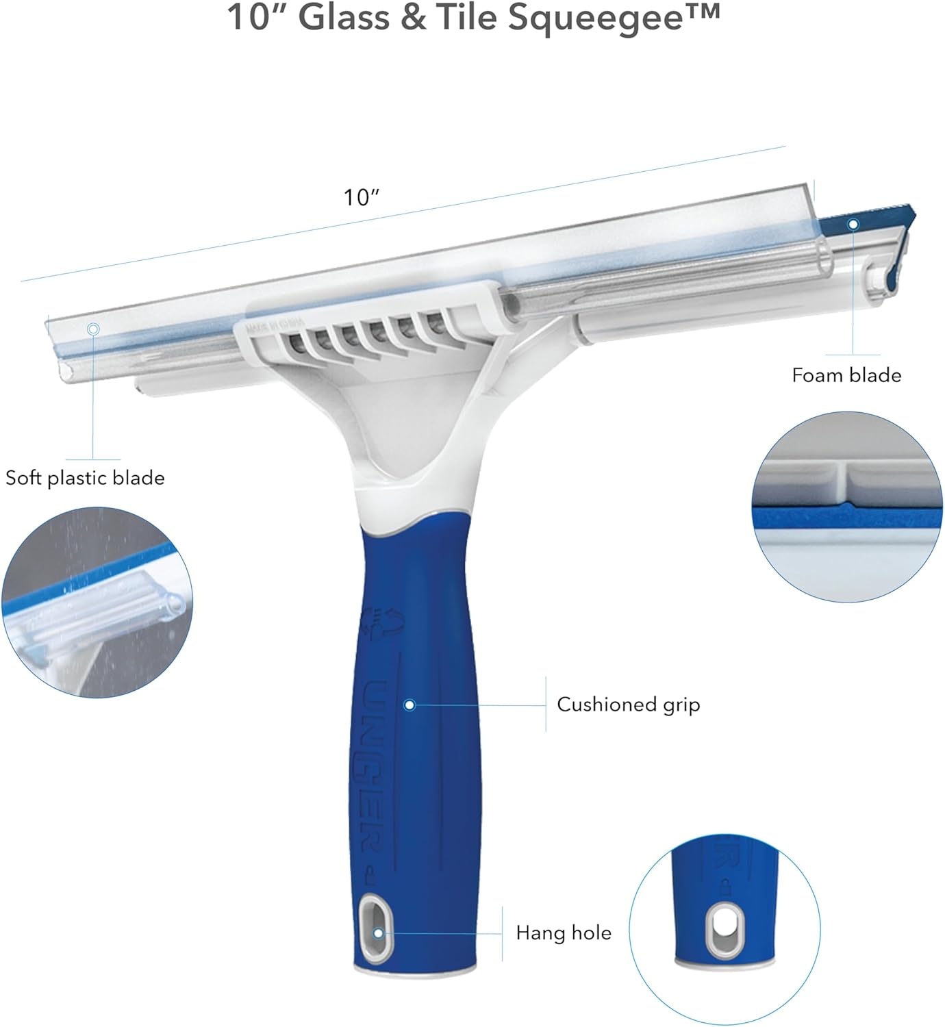 Unger 12” Glass & Surface Squeegee – Multipurpose Rubber Blade Squeegee for Shower Glass, Window Cleaning, Professional Grade Cleaning Tool for The Home