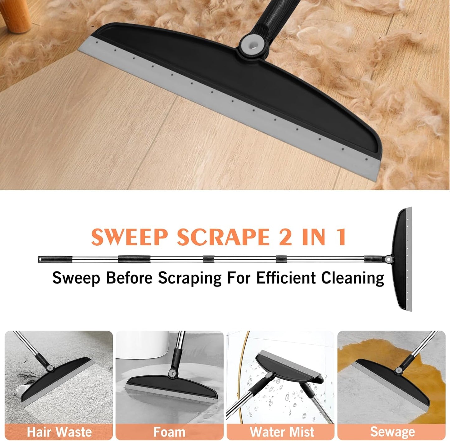 Multifunction Silicone Broom, 54 Inch Long Handle Silicone Floor Squeegee Broom, Sweep and Scrape 2 in 1 Household Cleaning Rubber Broom for Floor, Bathrooms, Kitchens, Showers, Tile, Pet Hair, Glass