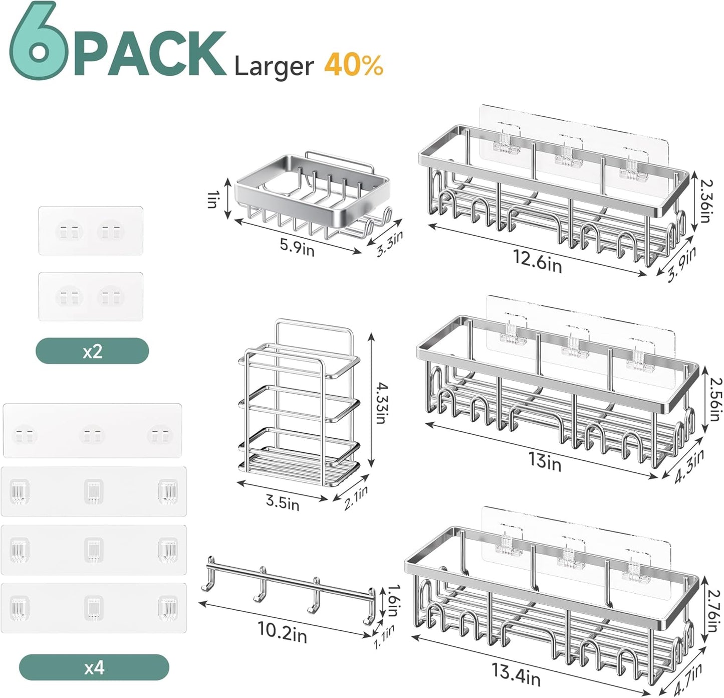 Veken Shower Caddy 6-Pack, Advanced Rustproof Design, No Drilling Adhesive Shelves, Rack with Soap Holder, Large Capacity Bathroom Organizers and Storage, Wall-Mounted, Gifts for Women Mom