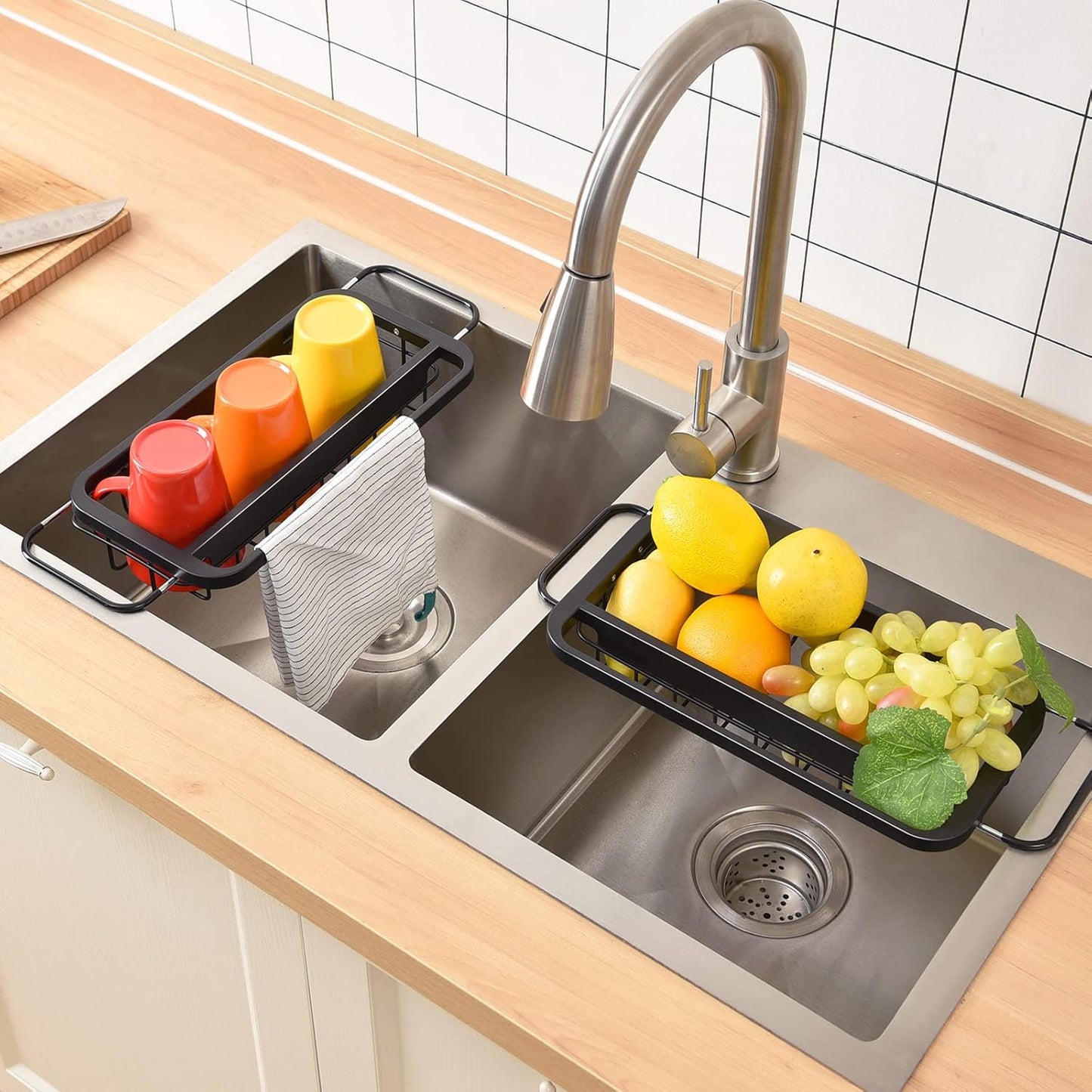 TOOLF Expandable Sink Caddy with Dish Towel Bar, Adjustable Over-The-Sink Organizer for Kitchen, Rustproof Sponge Holder and Drying Rack