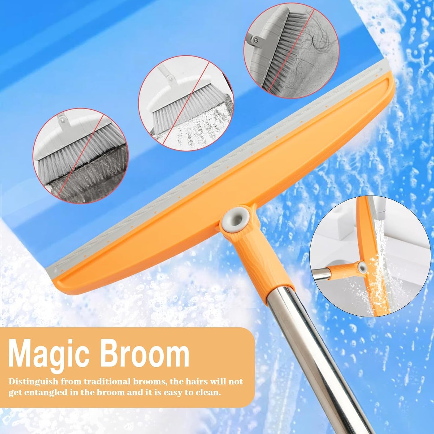 Silicone Air Broom,Multifunction Broom with Long Handle，Adjustable Rubber Squeegee Sweeping Water for Indoor Hardwood Floors,Kitchen,Concrete Floor,Bathroom Tile(Gray Yellow)