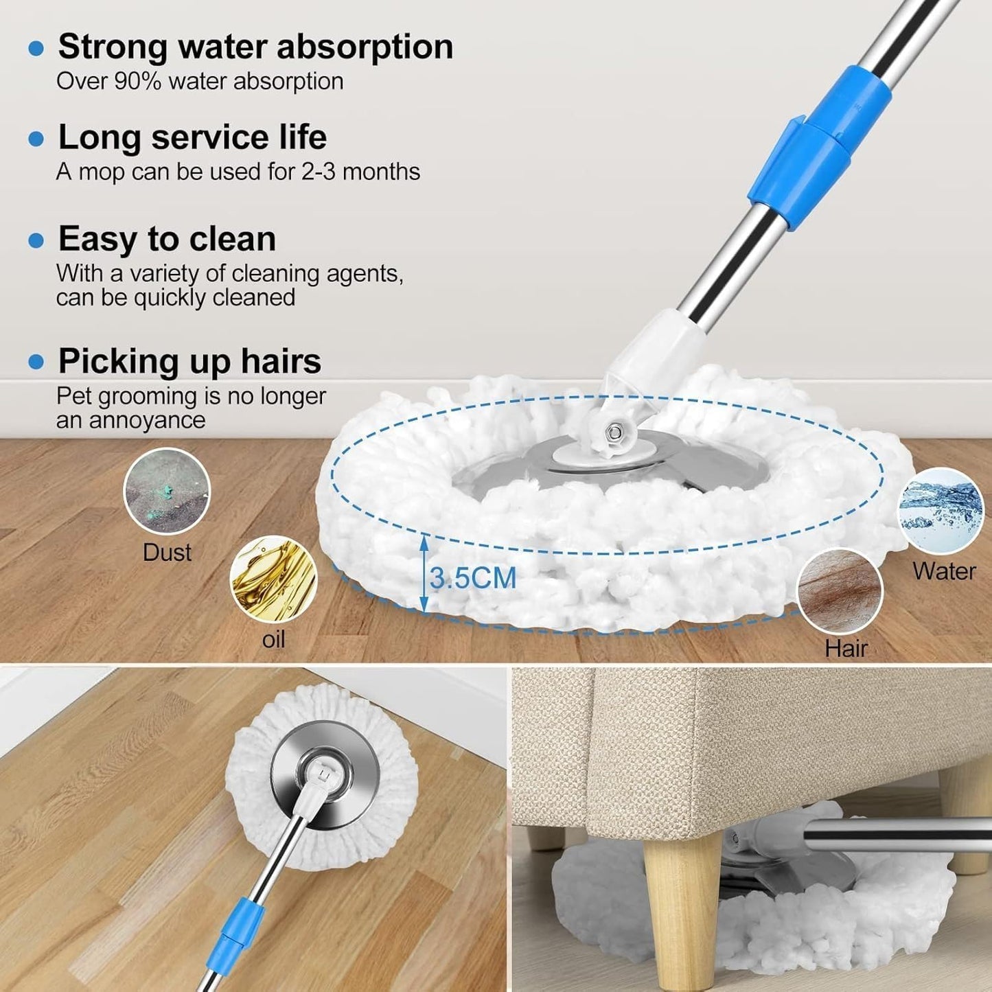 360° Spin Mop and Bucket System with Wringer - 61" Stainless Steel Handle & 3 Microfiber Refills, Self-Cleaning Floor Mop for Tile, Hardwood, Laminate Floors (Black red)