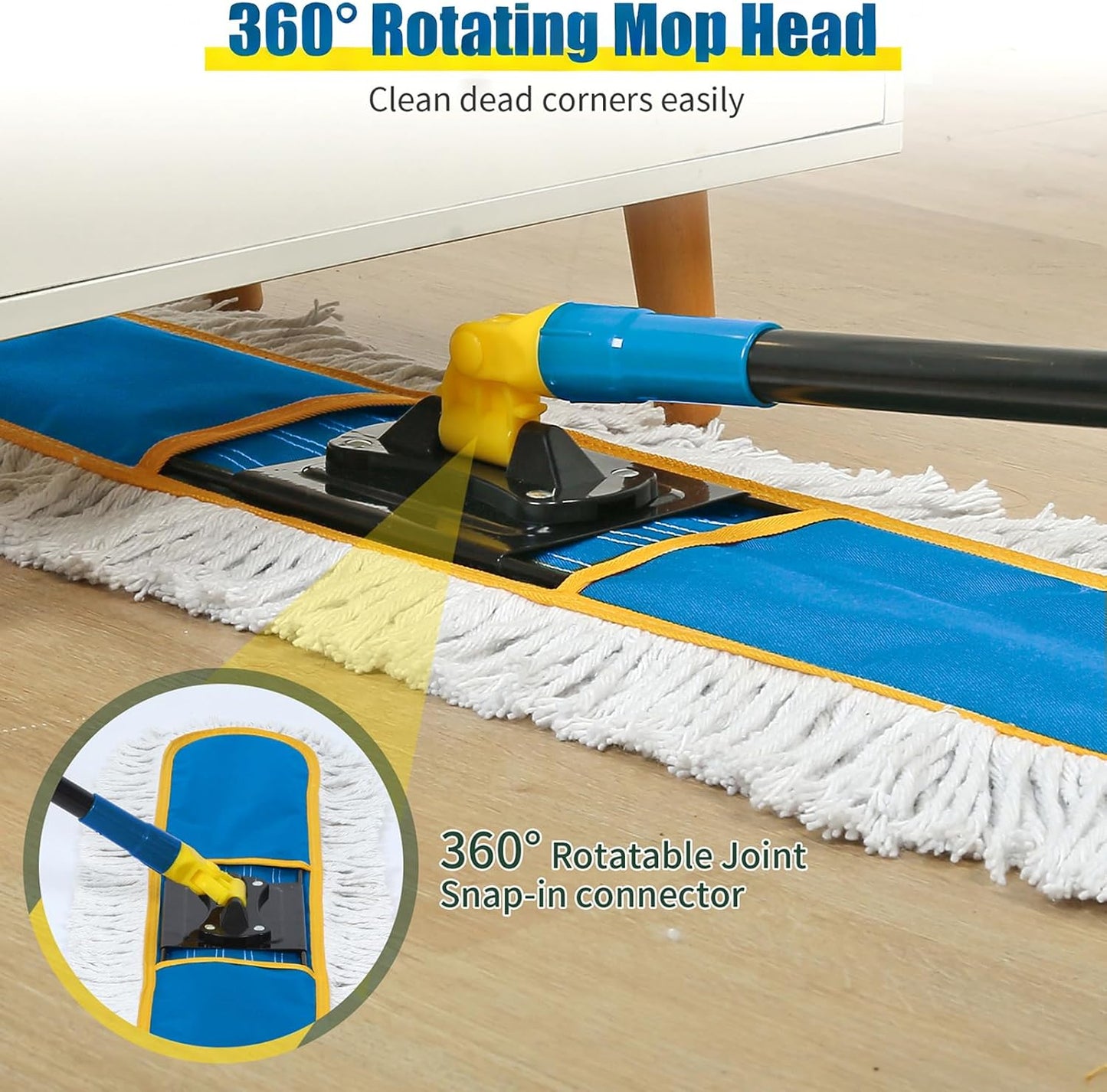 24 Inch Commercial Dust Mop,Heavy Duty Dry Wet Dust Mops Broom for Hardwood Floor, Laminate, Tile, Concrete Cleaning | 60 Extendable Handle & 2 Cotton Mop Heads | Home, Garage, Warehouse Use