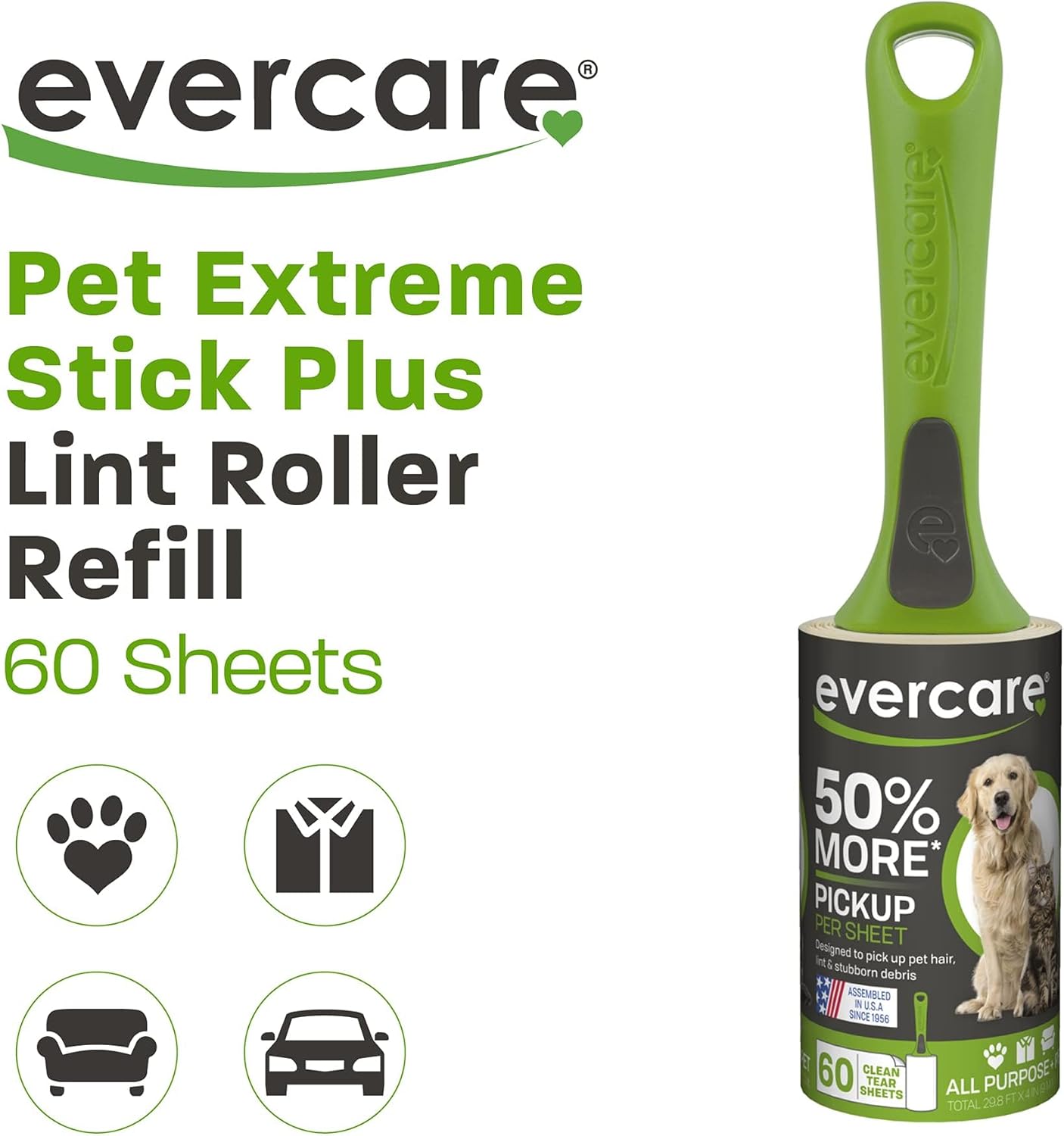 Evercare All Purpose Pet Hair Lint Roller with 2 Refills, 180 Total Sheets – Reusable Sticky Roller for Pet Hair, Cat & Dog Hair Remover, Lint Remover, Pet Hair Remover for Furniture, Clothing & Cars