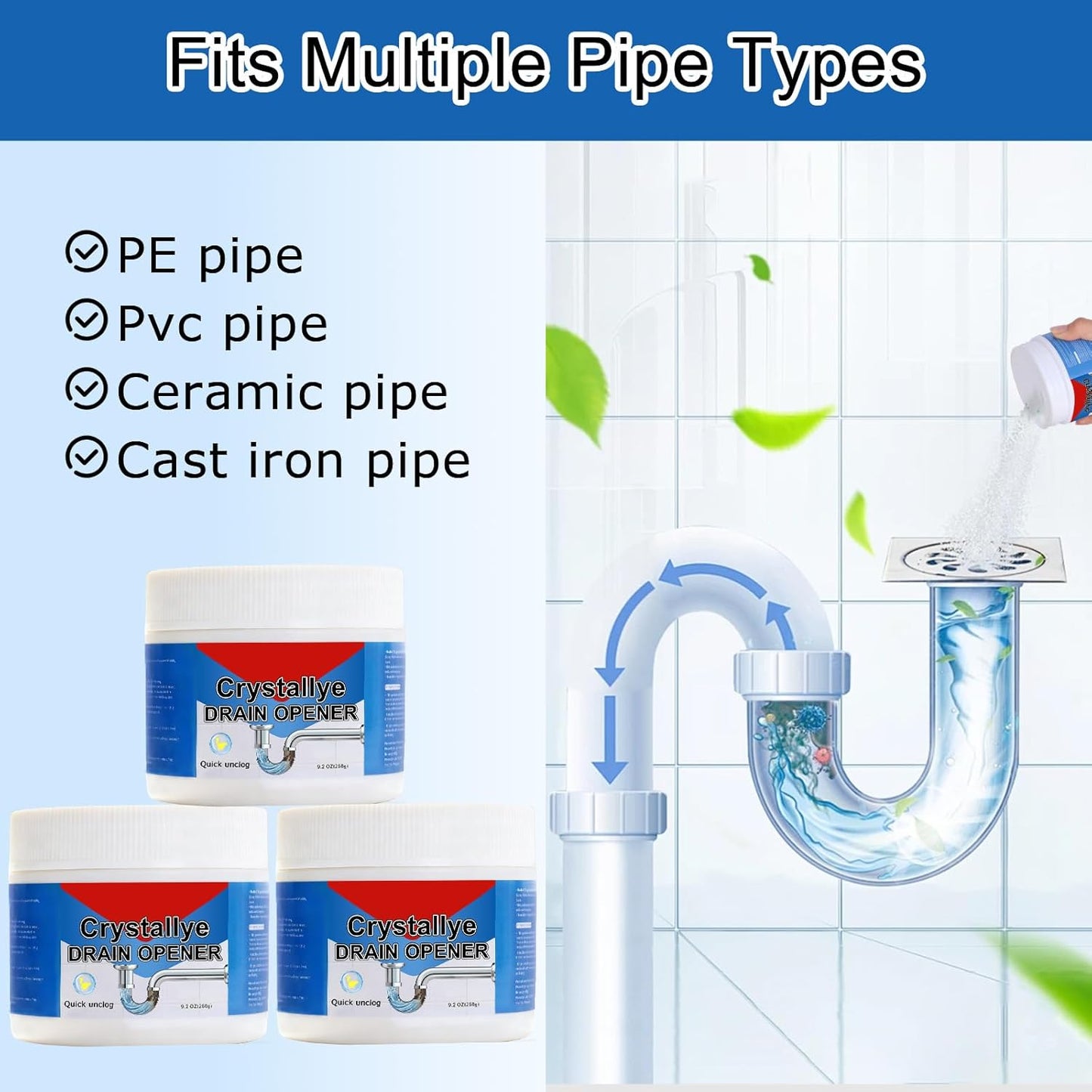 Crystal Lye Drain Opener – Powerful Unclogging Action for Bathroom & Kitchen Pipes (2PC)