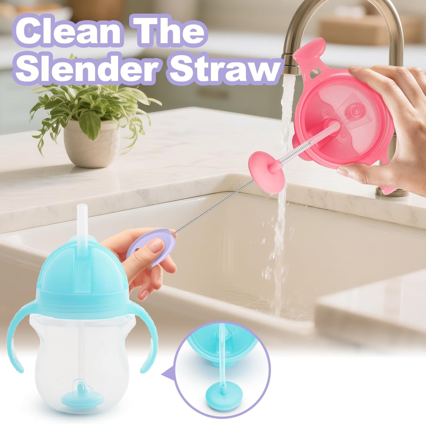 YOTIME 4in1 Straw Cleaner Brush Set, Reusable Standing Straw Brushs with Holder Ring, for Wide and Narrow Straws, Tumblers, Water Bottles and Cups, Pink
