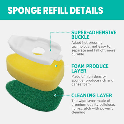 Dishwand with Refills, Dish Wand with Handle Replacement Sponge Heads, Non Scratch Soap Control Leak-Proof Dispenser Scrub,Heavy Duty Advanced Scrubber Brush Pads for Cleaning Dishes Sink Washing Tool